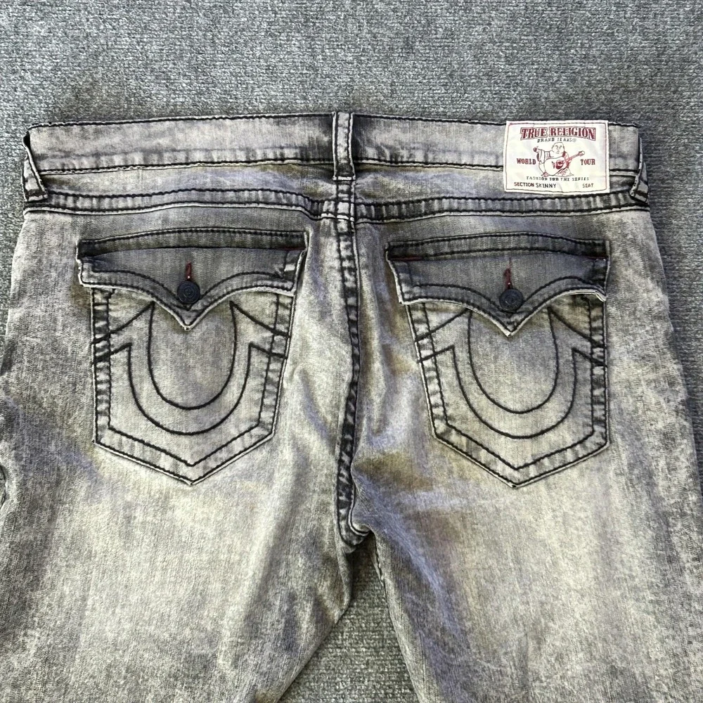 True Religion Jeans Men 42x34 Gray Acid Wash Skinny Stretch World Tour Flap T